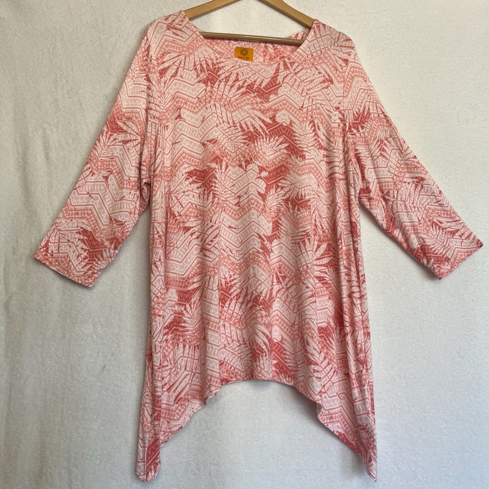 Ruby Rd. Tunic Top Floral Print Blouse 3/4 Sleeve Salmon White Lightweight 1X - Picture 6 of 6